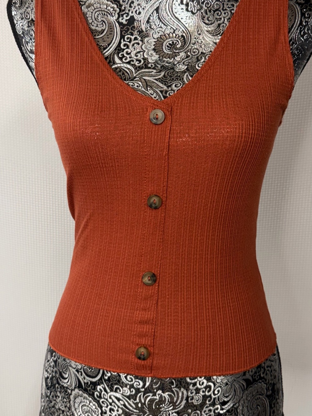 Caution To The Wind Ribbed Button-Front Tank Top in Rust